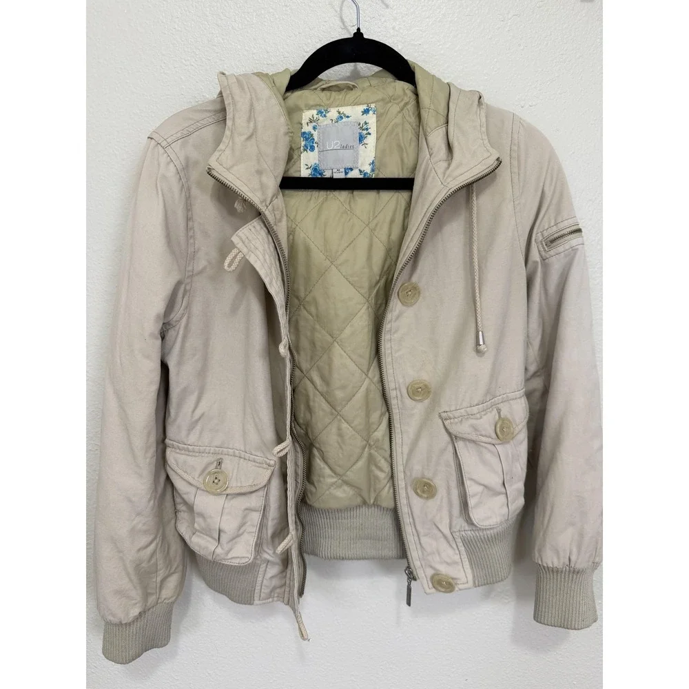 U2 Ladies Twill Quilted Thermolite Hooded Bomber Jacket Women M Beige Streetwear